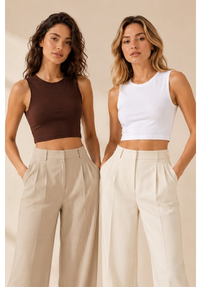 Loule Kadın 2'li Bisiklet Yaka Kolsuz Crop Top Kahverengi-beyaz Çok Renkli