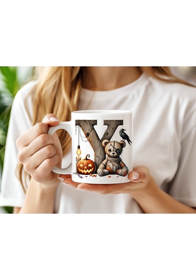 Y Harfi Cadılar Bayramı Temalı Ayılı Kupa Bardak Halloween Karga Ve Balkabağı - Korkunç Sevimli Beyaz