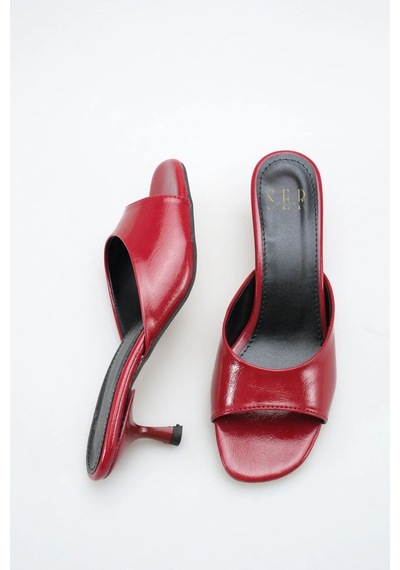 Sermoda Topuklu Kadın Terlik - 5 Cm İnce Topuklu Küt Burun Kadın Terlik Bordo Yanki