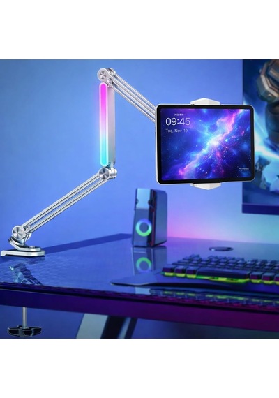 Profesyonel Ayarlanabilir Led Işıklı Uzun Kollu Alüminyum Masaüstü 14.6 İnç Kadar Uyumlu İpad İle Uyumlu Tablet Stant Ve Tutucu Cantilever Kol Tasarım, 360 Döner, Tablet Standı P67h