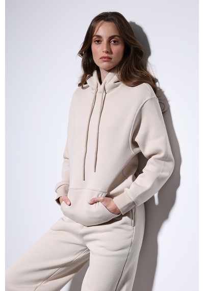 Antioch Kapüşonlu Basic Kadın Sweatshirt Taş