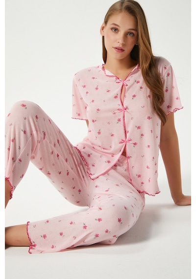 Ritnice Kadın Juliet Kurdeleli Yumuşak Doku Pembe Çiçekli Pijama Takımı