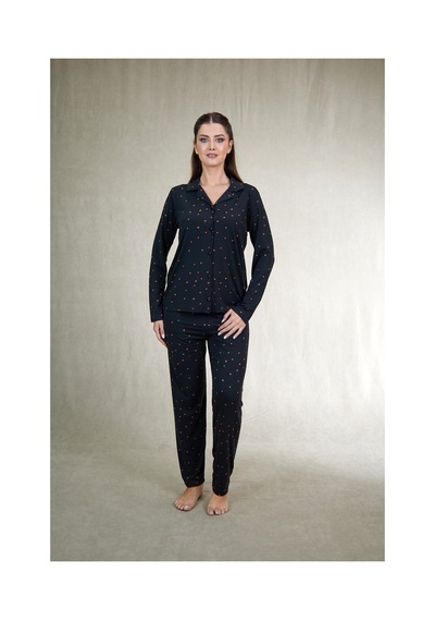 Estiva Kadın Puantiyeli Siyah Önden Düğmeli Soft Pijama Takımı Çok renkli