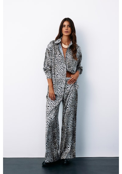 Sateen Yüksek Bel Saten Leopar Pantolon - Ekru-135186 Ekru