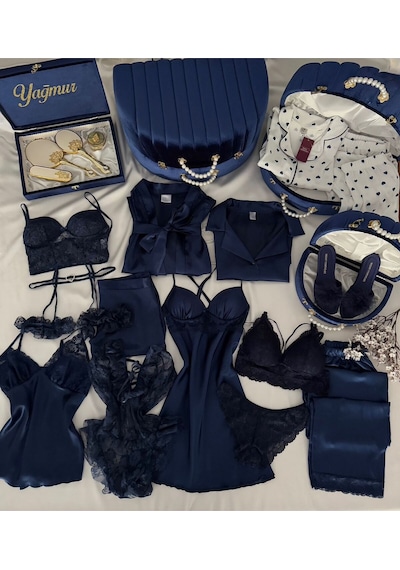 Mh Moony Homewears İsme Özel 23 Parça Lacivert Lüks Sultanım Bohça Çeyiz Seti Olağanüstü Lacivert