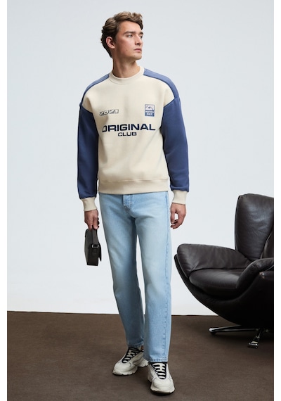 Grimelange MONTY Erkek Yuvarlak Yaka Baskılı Omuzları Yeşil Renkte Relaxed Fit Bej Sweatshirt