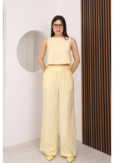 Famoda Sarı Sırtı Çapraz Bağcıklı Crop Bluz & Yüksek Bel Palazzo Pantolon Alt Üst Takım