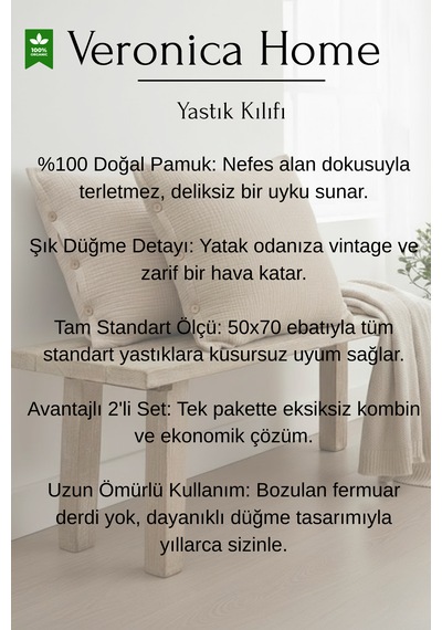 6 Kat Müslin %100 Pamuk 2'li Düğmeli Yastık Kılıfı Set 50x70 Organik Mor