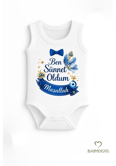 Babyden's Sünnet Kıyafeti Erkek Bebek Body Pamuk Ben Sünnet Oldum Maşallah Baskılı Zıbın Kolsuz Body Beyaz