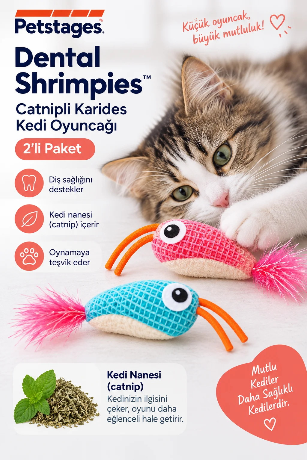 Petstages Dental Shrimpies Catnipli Kedi Oyuncağı 2'li Paket Peluş