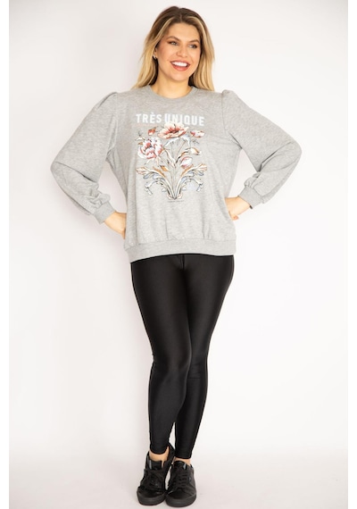 Şans Kadın Büyük Beden Gri 3 İplik Kalın Ön Baskılı Omuz Büzgülü Ribanalı Sweatshirt 65n37105-gri Gri