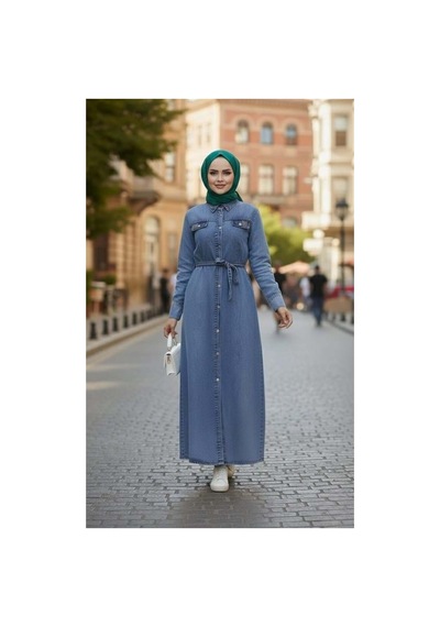 Hb Harma Time Butik Kadın Boncuk İşlemeli Düğmeli Kuşaklı Kot Mavi Elbise Mavi Mavi
