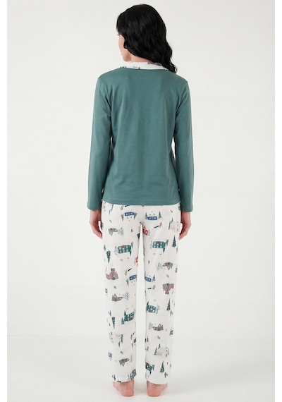Lela Desenli Regular Fit Apaş Yaka Beli Lastikli Bol Paça Bayan Pijama Takımı 65714300 Yeşil
