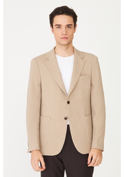 Bej Dokulu Modern Kesim Düğmeli Blazer Ceket Vizon