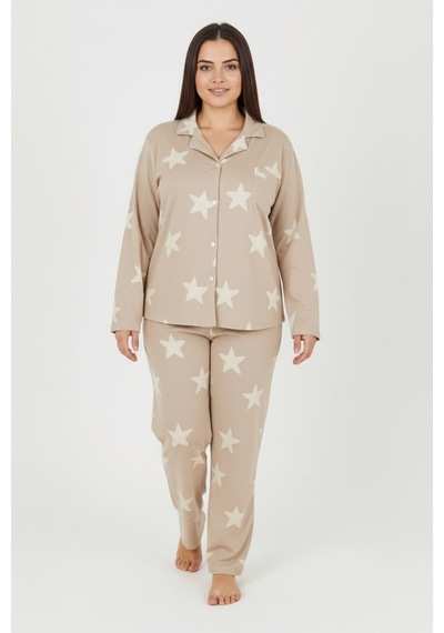 Bravie Luxury Soft Bej Yıldız Desenli Uzun Kollu Kadın Pijama Takımı Büyük Beden 3011 Bej