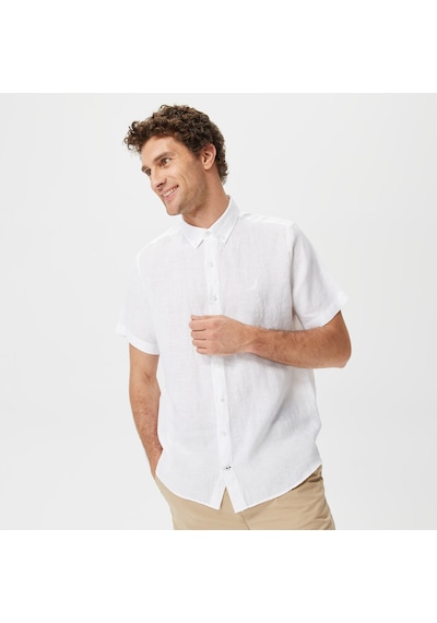 Nautica Erkek Beyaz Classic Fit Kısa Kollu Keten Gömlek