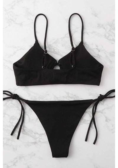Angelsin Rib Dokulu Ön Ve Yan Bağcık Detaylı İpli Brezilya Bikini Takımı Siyah