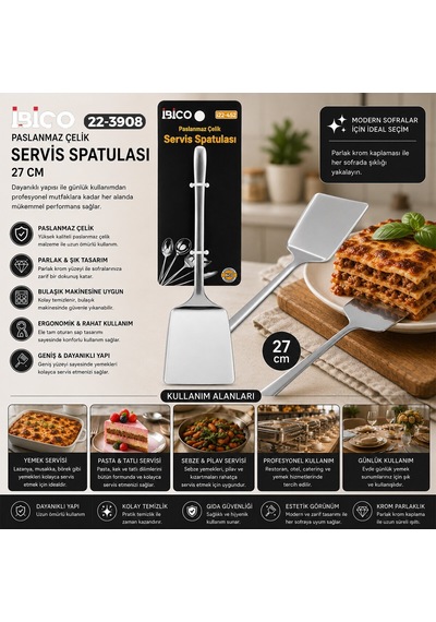 İbico İ22-452 Krom Metal Servis Spatulası - 27 Cm- 12'li Paket
