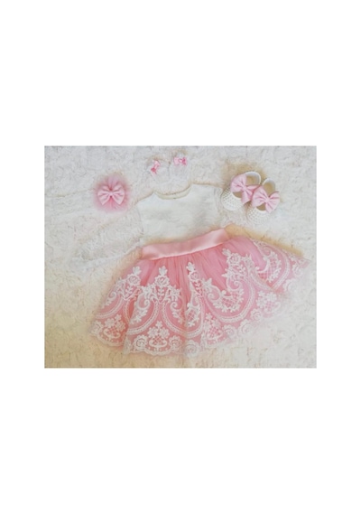 Hayy Baby Kids Wear Beyaz Güpürlü Pembe Tüllü Fransız Dantelli Bebek Elbise Beyaz Pembe