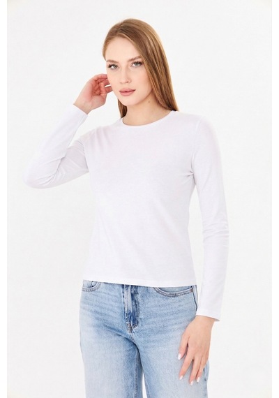 Sortie Collection Bisiklet Yaka Pamuklu Uzun Kollu Basic Penye Tişört Bluz Ekru