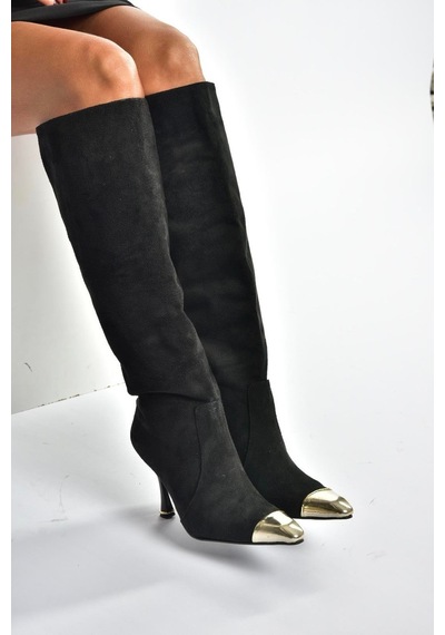 Fox Shoes V752574102 Siyah Süet İnce Topuklu Kadın Çizme Siyah