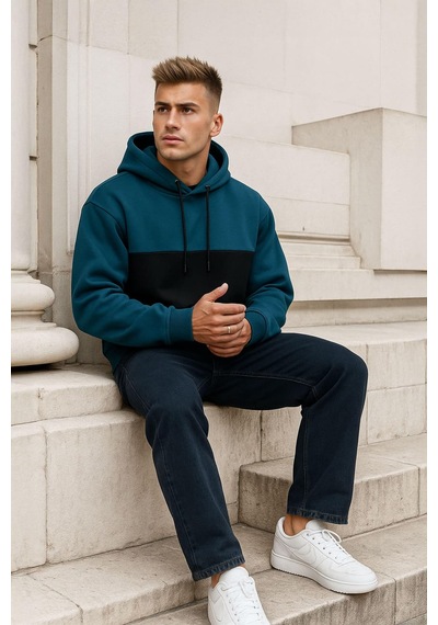 Markapia Erkek Kapüşonlu Cepli İçi Polarlı Parçalı Petrol Sweatshirt Mavi