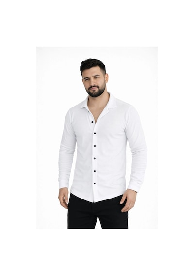 Erkek Waffle Kumaş Uzun Kollu Düğmeli Açık Yaka Regular Fit Gömlek - Beyaz Çok Renkli