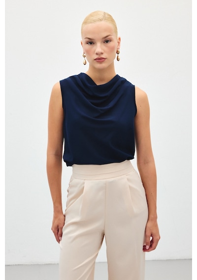 Sateen Degaje Yaka Kolsuz Bluz - Lacivert