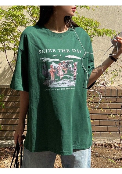 Flood Of Style Kadın Nefti Yeşili Seize The Day Baskılı Oversize T-shirt Yeşil
