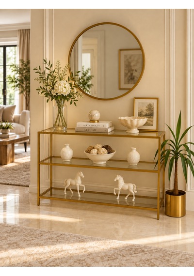 Teknor Şeffaf Camlı Gold Metal Salon Konsol Ünitesi 100cm