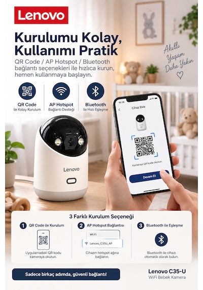 Lenovo Ev Kamerası 3'lü Set 2k 3mp, Wifi, Sesli, 360 Ptz, Mobil Kontrol, Hareket Takip, Iç Mekan Kamera Lnv35cset