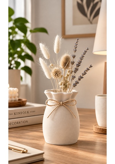 Dekoratif Vazo Kuru Çiçeklik Biblo Ev Ofis Masa Süsü 11,5 Cm Beyaz