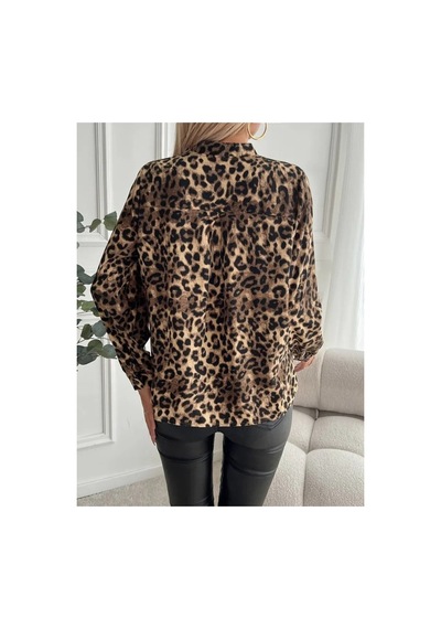 Butik İstanbul Kadın Uzun Kollu V Yakalı Modal Leopar Desenli Bluz Mavi