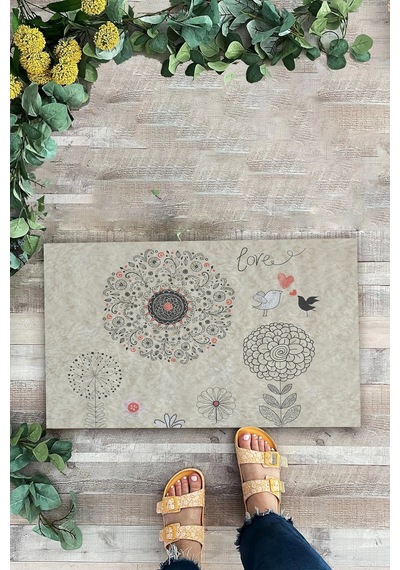 Valerine Life Dilek Otlu Papatya Ve Kuşlar Krem Rengi Welcome Hoş Geldiniz Kapı Önü Paspası 45x70cm Kahverengi