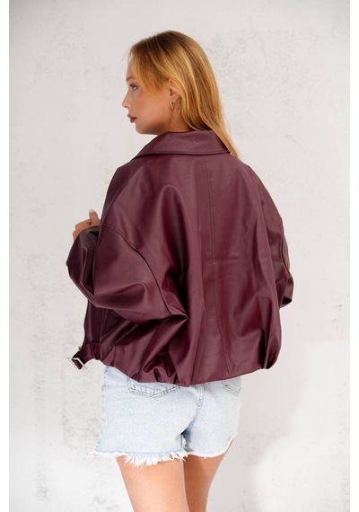 Jesse Story Kadın Deri Ceket Relax Fit Suni Deri Ceket Bordo Bordo