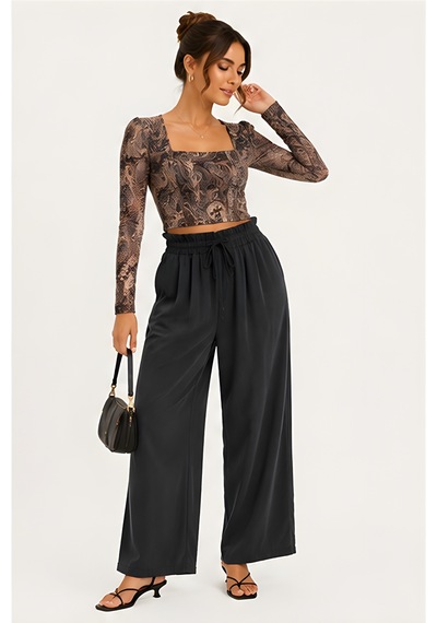 Lili Woman Kadın Paisley Desenli Tül Crop Bluz E.2557 Kahverengi