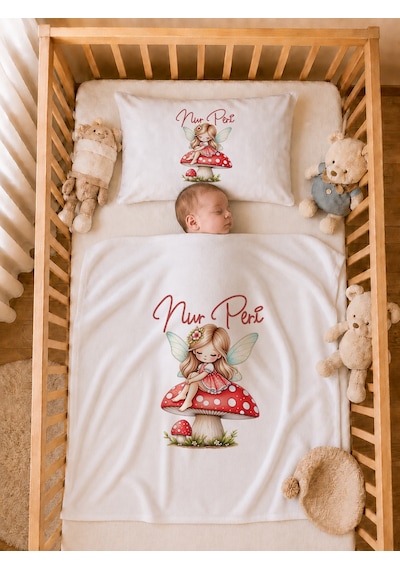 İsme Özel Kız Bebek Battaniye 80x80 Cm Ve Yastık Kılıfı 35x45 Cm %100 Pamuk Organik Baskılı Bebek Seti Bebek Hediyesi 1096yb Krem