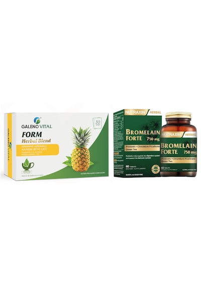 Nutraxin Bromelain Forte 750 Mg 60 Tablet + Galeno Vital Bromelain Ananas Aromalı Bitki Çayı 30 Saşe﻿﻿