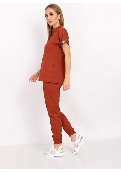 Unisex Kadın Erkek Kiremit Renk Çıt Çıtlı Hakim Yaka Soft Likra Forma Takım Kiremit Kiremit