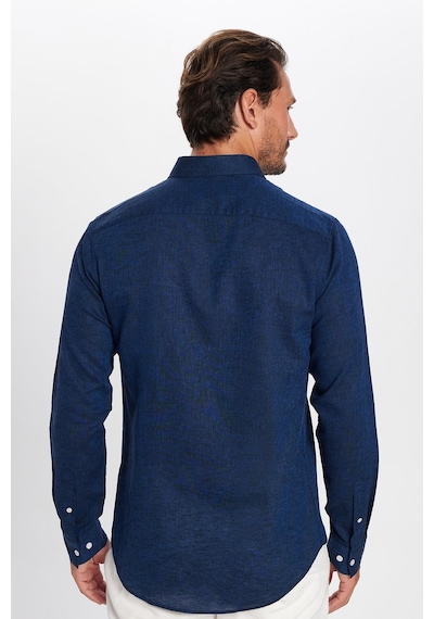 Tudors Erkek Slim Fit Dar Kesim Uzun Kollu Keten Premium Seri Düğmeli Yaka Spor İndigo Gömlek-32820 İndigo