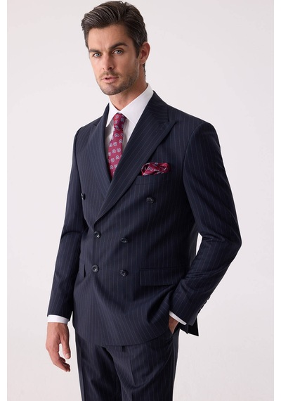 Erkek Lacivert Çizgili Slim Fit Kruvaze Takım Elbise