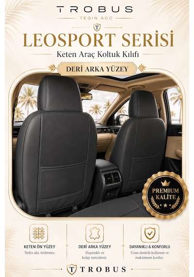 Renault Fluence 2010 Sonrası Uyumlu Leosport Serisi Siyah Ortopedik Keten Koltuk Kılıfı