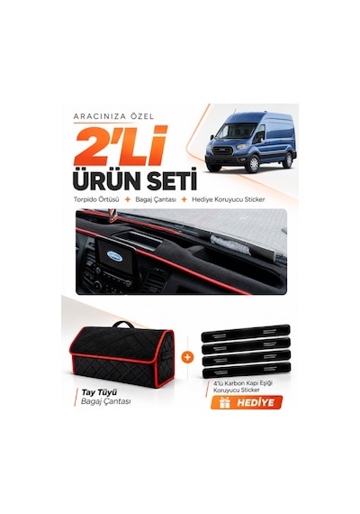 E-biz Ford Transit Tip 1 2020-2025 Uyumlu Torpido Örtüsü + Tay Tüyü Çanta - Siyah-kırmızı - Fo032