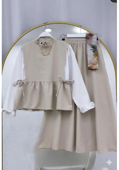 Lovie Moda Kadın Kolu Büzgülü Etekli Takım - Bej