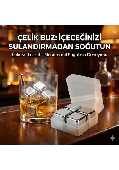 4'lü Çelik Metal Kaplama Viski Taşı Soğutma Buz Küpü Ahşap - Şeffaf