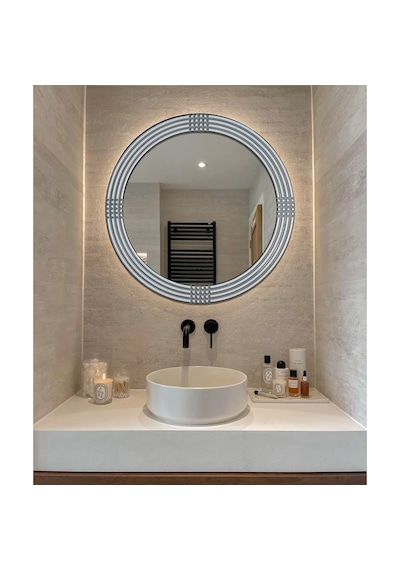 Led Işıklı Safir Gümüş Dekoratif İşlemeli Duvar Aynası Tekli 56cm Gümüş