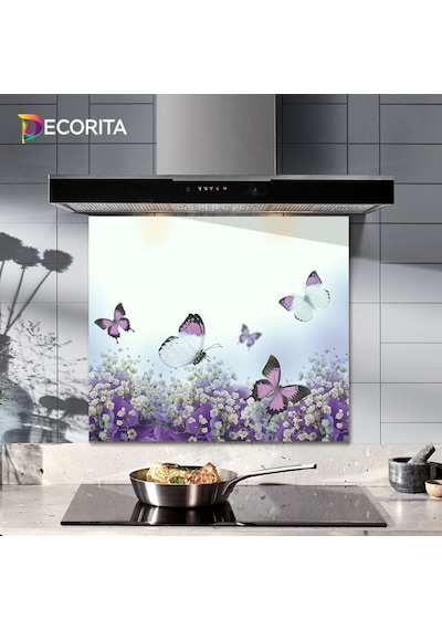 Decorıta Cam Ocak Arkası Koruyucu | Mor Çiçek & Kelebek Desenli