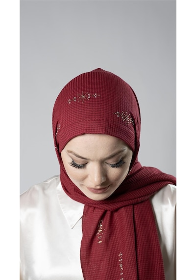 Hürrem Bone Bordo Pratik Hazır Geçmeli Tesettür Şal Örme Kumaş Taşlı Yıldız Desenli 2118y 16
