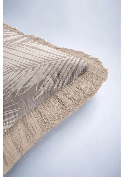 Tropikal Yaprak Motifli Lüx Saçaklı Yastık Kılıfı-krem Bej Soft Doku Modern Püsküllü Kırlent Kılıfı Taş Beton
