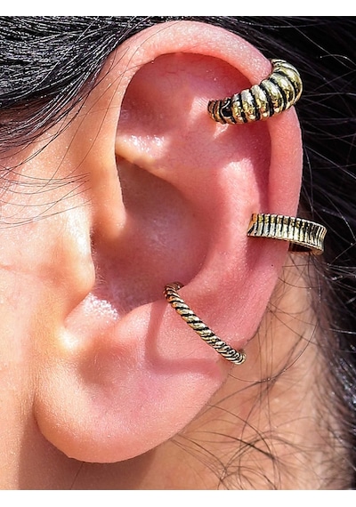 Vintage Antik 3'lü Deliksiz Ear Cuff Ayarlanabilir Kıkırdak Küpe Seti Eukk4 Sarı